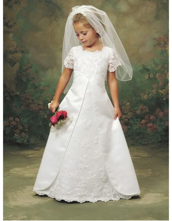 Cute Appliques A-Line Short Sleeves Satin First Communion Dresses with Split Skirt