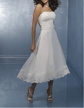 Alluring Strapless Tea Length Organza Wedding Dresses with Lace Appliques