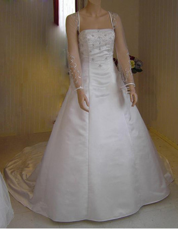 A-Line Beaded Appliques Court Train Plus Size Satin Wedding Dresses with Long Sleeves