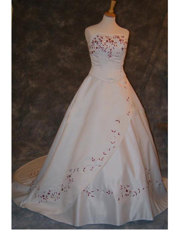 Classic A-Line Strapless Court train Satin Colored Embroider Wedding Dresses