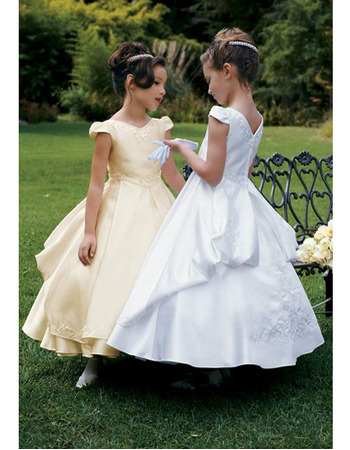 Ball Gown Cap Sleeves Beading Appliques Satin First Communion Dresses with Layered Hi-low Skirt