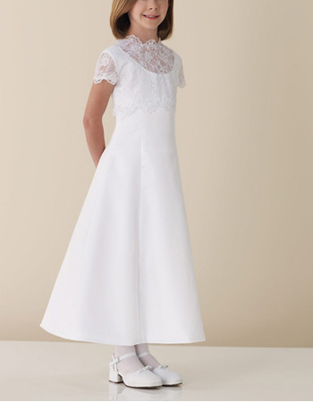 A-Line Illusion Neck Short Sleeves White First Communion Dresses with Lace Top