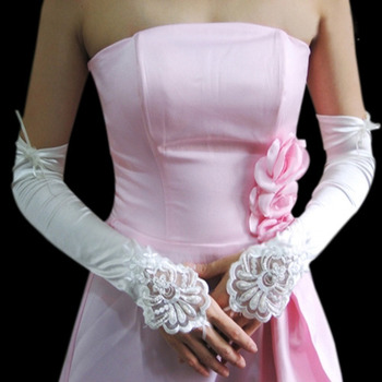 Elastic Satin Elbow Embroidery With Beadings Wedding Gloves