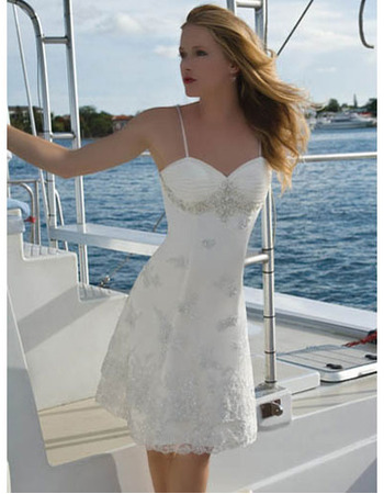 Column Beading Appliques Spaghetti Straps Short Beach/ Summer Sweetheart Wedding Dresses