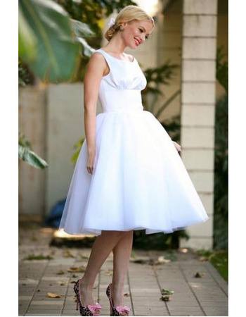 Simple Ball Gown Sleeveless Knee Length Organza Satin Wedding Dresses with Slight Ruch Detail