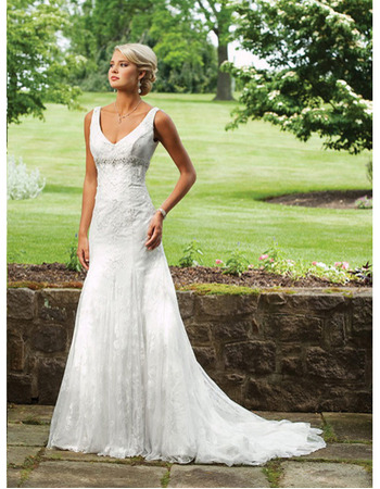 Inexpensive Glamorous Mermaid Deep V-Neck Long Lace Outdoor Wedding Dresses with Beaded