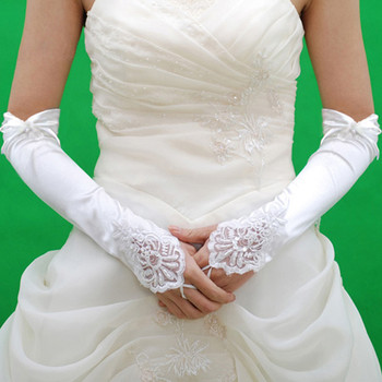 Elastic Satin 3/4 Length Wedding Gloves with Embroidery and Beading