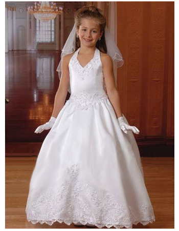 Ball Gown Halter&V-neck White Satin First Communion Dresses with Beaded Appliques
