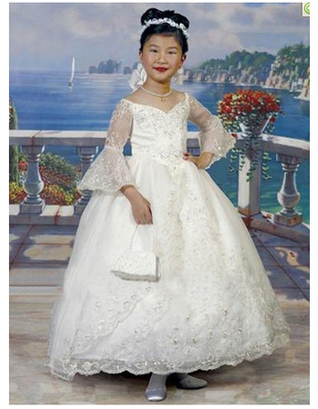 Elegant Ball Gown Sweetheart Lace Long Sleeves Bubble Skirt First Communion Dresses