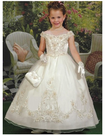 Popular Designer Ball Gown Off-the-shoulder Organza First Communion Dresses with Beading Applique