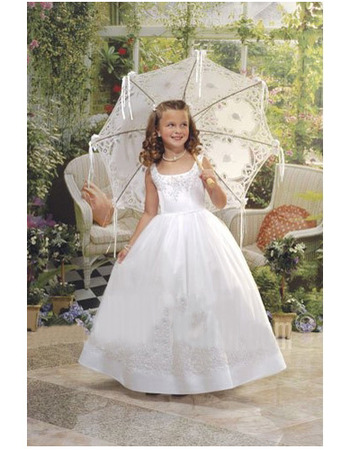 Princess Ball Gown Square Neckline White Satin First Communion Dresses with Beading Appliques