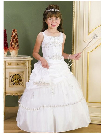 Gorgeous White Ball Gown Square Floor Length First Communion Dresses/ Princess Pick-up Layered Flower Girl Dresses