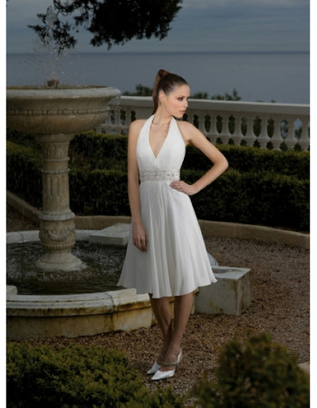 Simple A-Line Halter V-neckline Short Tea-length Chiffon Beach Wedding Dresses with Beaded Waist