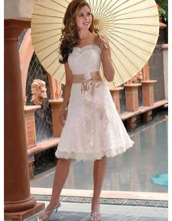 Romantic A-Line Short Lace Reception Wedding Dresses/ Stylish Sweetheart Petite Knee Length Bridal Dresses with Sash