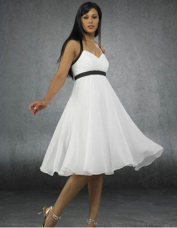 Top Summer Empire Sweetheart knee Length Beach Sash Wedding Dresses/ White and Black Chiffon Reception Bridal Dresses