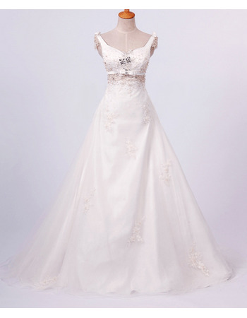 Affordable A-Line Straps Floor Length Satin Organza Jewel Beaded Church Bridal Wedding Dresses