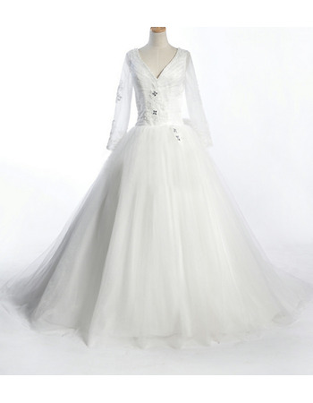 Inexpensive A-Line V-Neck Long Sleeves Satin Organza Floor Length Applique Beaded Jewel Bowknot Wedding Dresses with Sleeves