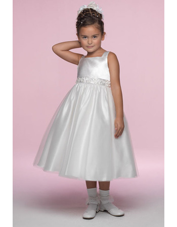 Affordable A-Line Square Tea Length Satin Flower Girl/ First Communion Dresses with Appliques Waist