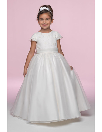 Affordable Pretty Ball Gown Bateau Cap Sleeves Embroidered Ankle Length Flower Girl/ First Communion Dresses with Embroidery and
