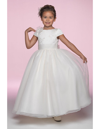 Inexpensive Pretty Ball Gown Bateau Ankle Length Cap Sleeves Organza Embroidery Flower Girl/ First Communion Dresses with Ruched