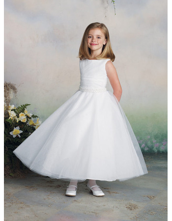 Pretty A-Line Bateau Neckline Ankle Length Tulle First Communion Flower Girl Dresses with Beaded Waist