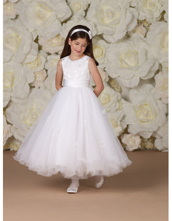 Pretty A-Line Round Neckline Ankle Length Tulle White First Communion Flower Girl Dresses with Ruched Jacket