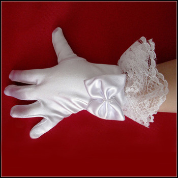 Short Wrist Elastic Satin Lace Flower Girl/ First Communion Gloves with Bow