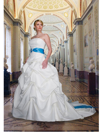 Ball Gown Strapless Pick-up Skirt Satin Wedding Dresses with Embroidery Sashes