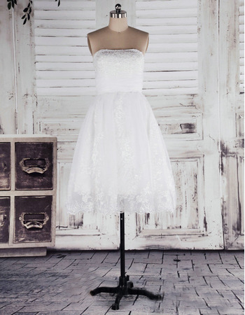 Elegant A-Line Strapless Applique Knee Length Satin Reception Wedding Dresses