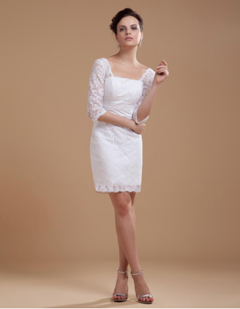 Elegant Spring Column Square Lace Short Wedding Dresses with Half Sleeves