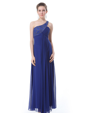 Seductive Beaded One Shoulder Long Chiffon Evening Party Dresses with Side Draping