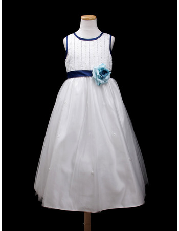Affordable A-Line Round Tea Length Satin TulleColor Block Flower Girl Dresses with Satin-trimmed