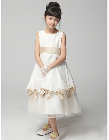 Cute A-Line Round/Scoop Tea Length Satin Emipre First Communion/ Flower Girl Dresses