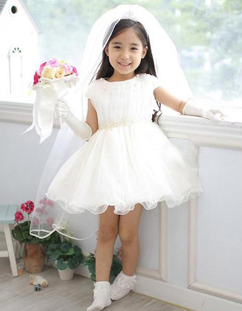 Discount Lovely A-Line Cap Sleeves Short Satin Organza White Flower Girl Dresses with Beaded Waist