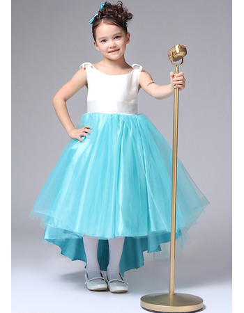 Discount Affordable A-Line Scoop Neck High-low Asymmetric Hem Satin Tulle Color Block Flower Girl Dresses with Bow