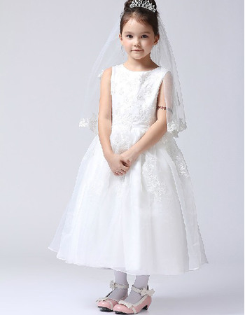 Lovely A-line Scoop Neckline Tea Length Organza First Communion Flower Girl Dresses with Beaded Appliques