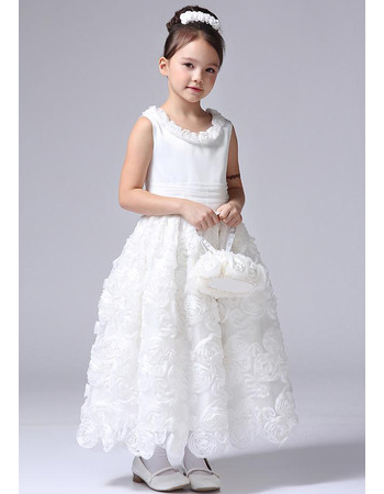 Discount Beautiful A-Line Scoop Ankle Length Floral Lace White First Communion Flower Girl Dresses