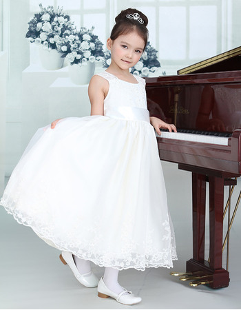Classic A-Line Tea Length Plus Size First Organza First Communion Flower Girl Dresses with Appliques