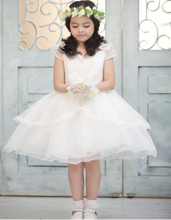 Simple Pretty Ball Gown V-Neck Knee Length Satin Bow Organza Flower Girl Dresses with Layered Draped High-Low Skirt