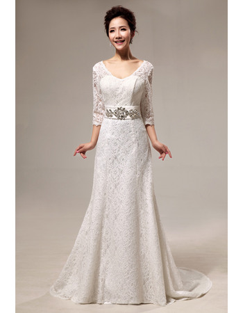 Elegant A-Line Court Train Lace Wedding Dresses with Long Sleeves ...