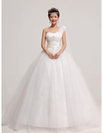 Popular Satin Organza One Shoulder Ball Gown Floor Length Dresses for Spring Wedding