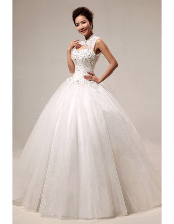 Attractive Mandarin Collar Beaded Ball Gown Floor Length Satin Organza Wedding Dresses