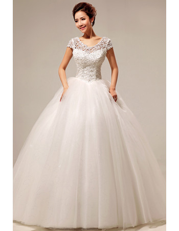 Excellent Lace Satin Short Sleeves Ball Gown Floor Length Wedding Dresses
