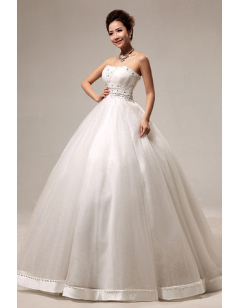 Inexpensive Ball Gown Strapless Floor Length Satin Organza Beaded Wedding Dresses