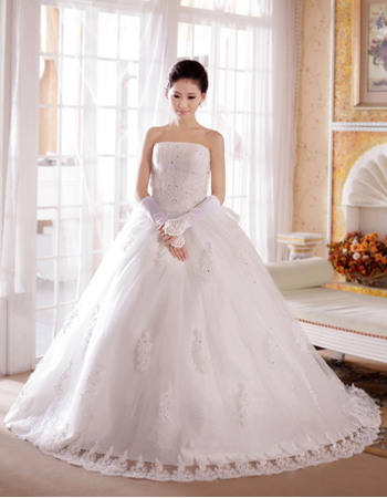 Gorgeous Crystal Beading Ball Gown Strapless Satin Organza Chapel Train Wedding Dresses