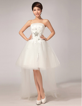 Discount A-line Asymmetric High-Low Strapless Satin Organza Short Wedding Dresses