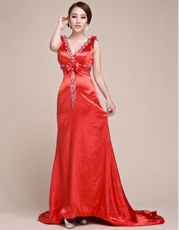 Sexy V-Neck Court Train Evening Party Dresses with Crystal Beading Detail