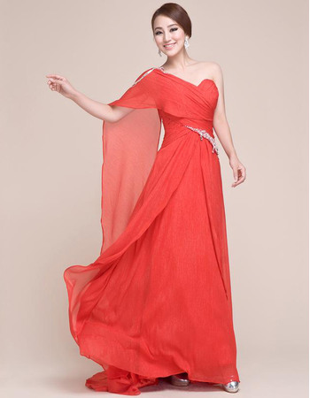 Stylish Pleated Chiffon Evening Party Dresses with Side Cape Drape Over Shoulder