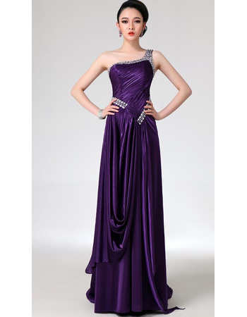 Enchanting One Shoulder Floor Length Pleated Evening Party Dresses with Beading Crystal Detail
