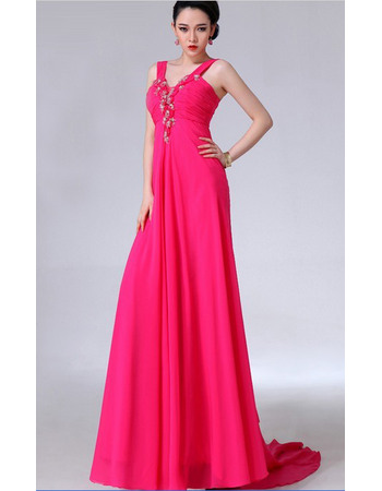 Enchanting V-Neck Court Train Pleated Chiffon Evening Party Dresses with Beading Detail